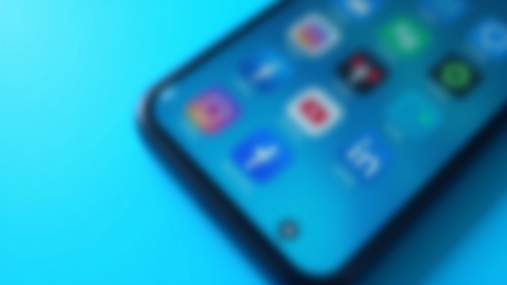 Verschiedene Social-Media-App-Icons auf Smartphone-Bildschirm, Instagram, TikTok, LinkedIn, blauer Hintergrund, flaches Design, minimalistisch