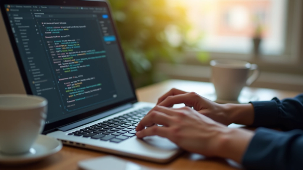 Hände tippen auf Laptop-Tastatur, Monitor mit Text-Editor, kreative Arbeitsumgebung