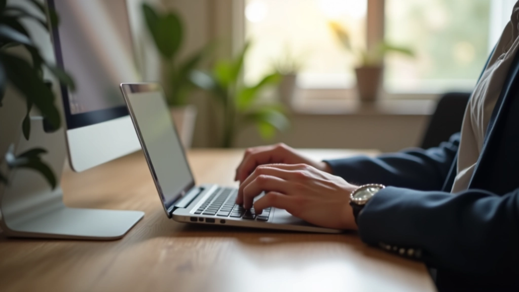 Person tippt auf Laptop-Tastatur und erstellt ein Portfolio-Projekt, Home-Office mit minimalistischem Design