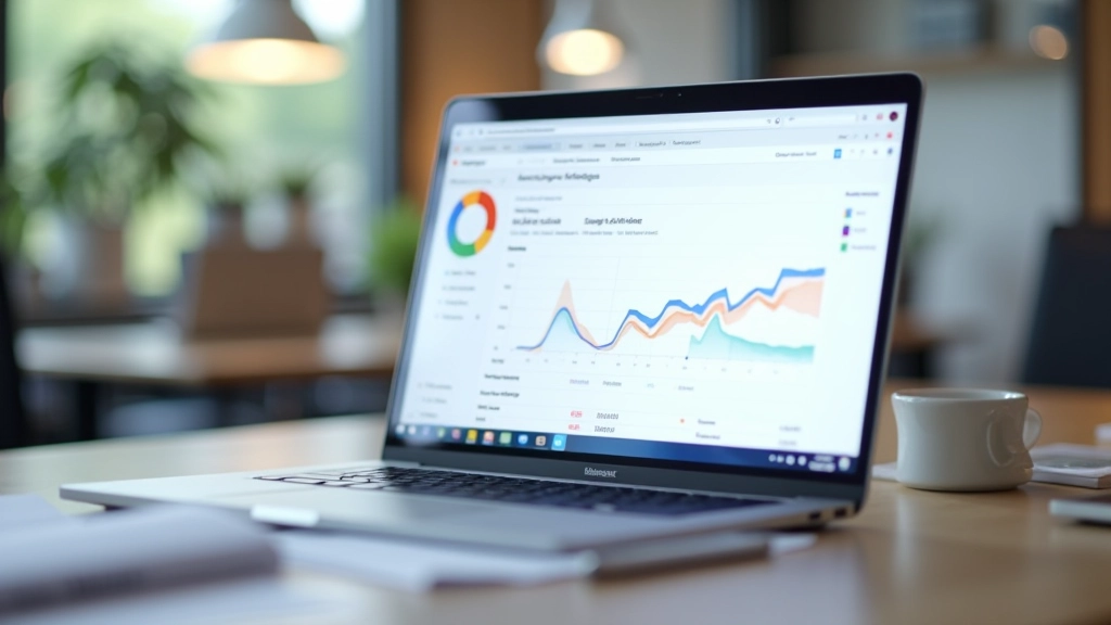 Google Analytics Dashboard mit Echtzeit-Daten, verschiedenfarbige Diagramme und Statistiken, professionelle Ansicht