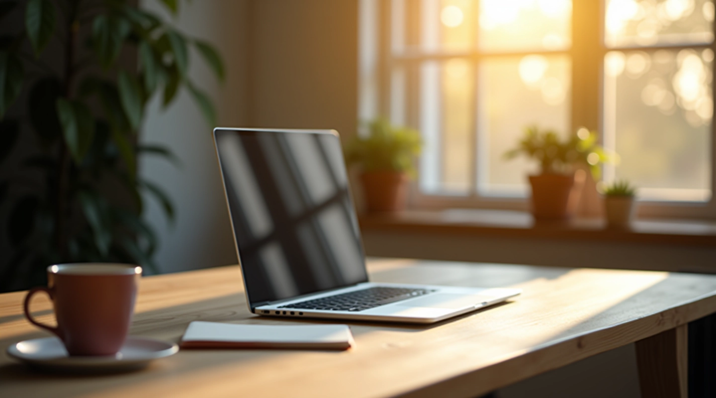 Modernes Laptop-Arbeitsumfeld mit Notizbuch und Tasse auf Schreibtisch, natürliches Tageslicht durch Fenster
