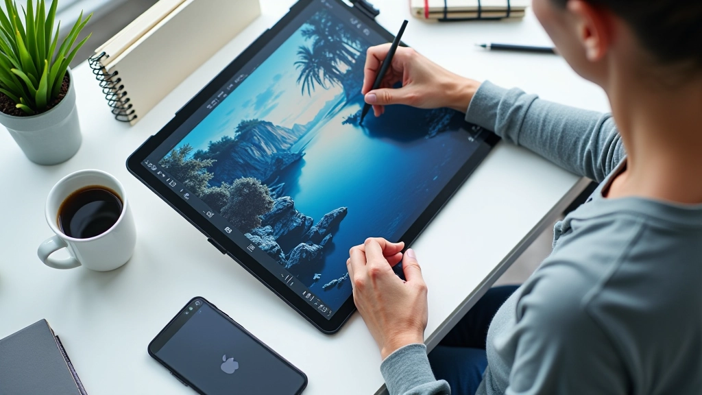 Grafik-Tablett auf Schreibtisch, Stift liegt daneben, Statistik-Notizbuch, digitales Arbeitsumfeld, modern und ordentlich