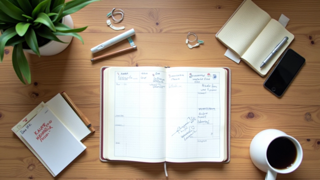 Schreibtisch von oben mit Notizbuch, Stift, Smartphone und Kaffeetasse, Planer mit handschriftlichen Notizen sichtbar, natürliches Licht