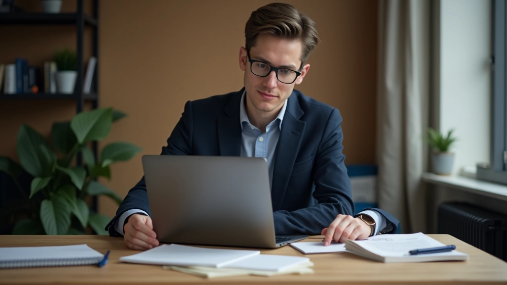 Person am Schreibtisch mit Laptop, organisierte Notizbücher und Planung sichtbar, helles Studio-Licht