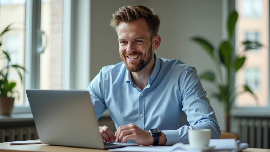 Person sitzt vor Laptop mit Datenvisualisierungen auf dem Bildschirm, konzentrierter Blick, modernes Home-Office