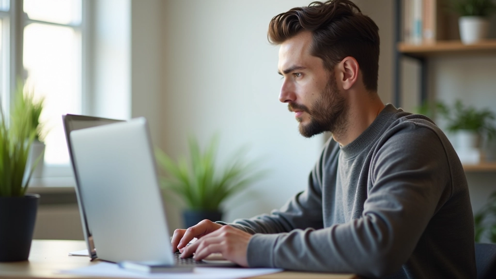 Person sitzt am Schreibtisch und arbeitet konzentriert am Computer, modernes Büro