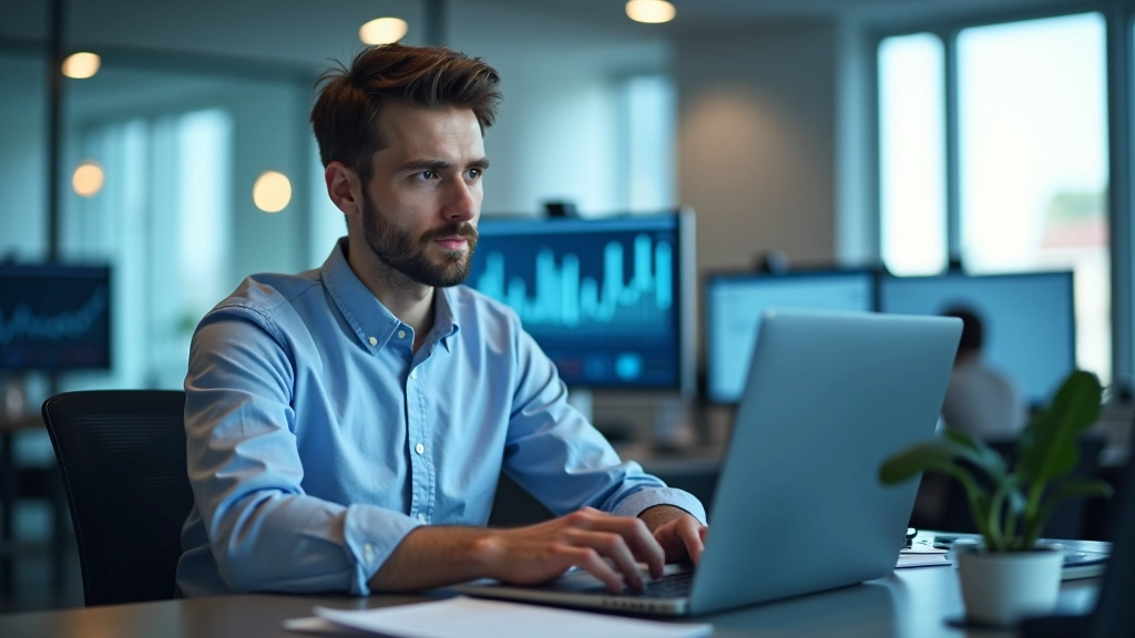 Person sitzt am Schreibtisch, tippt auf Laptop, mehrere Bildschirme zeigen Social-Media-Dashboards, konzentriert, helles Büro
