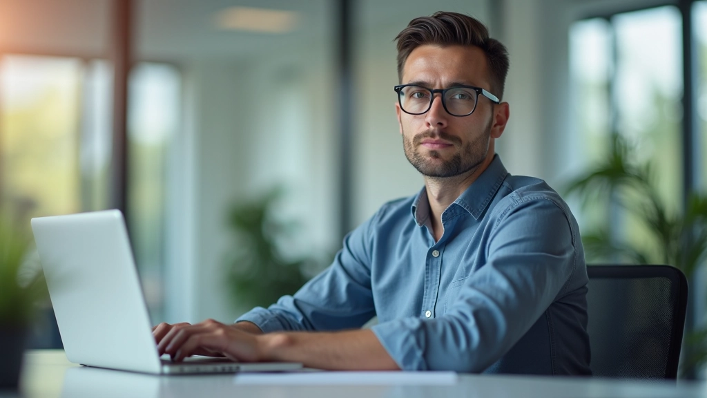 Person arbeitet konzentriert am Computer in modernem Büro mit natürlichem Licht