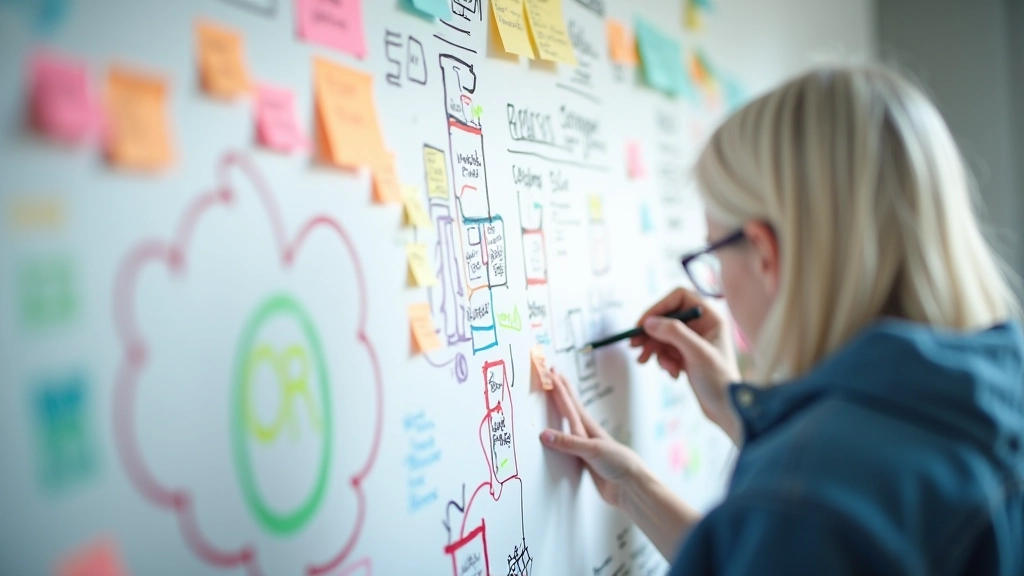 Whiteboard mit Skizzen und Mindmap, bunte Marker und Notizen, Planungsprozess sichtbar