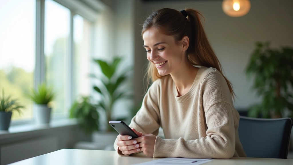 Junge Frau sitzt am Schreibtisch, hält Smartphone in der Hand, lächelt konzentriert, modernes helles Büro mit Pflanzen, natürliches Licht von links