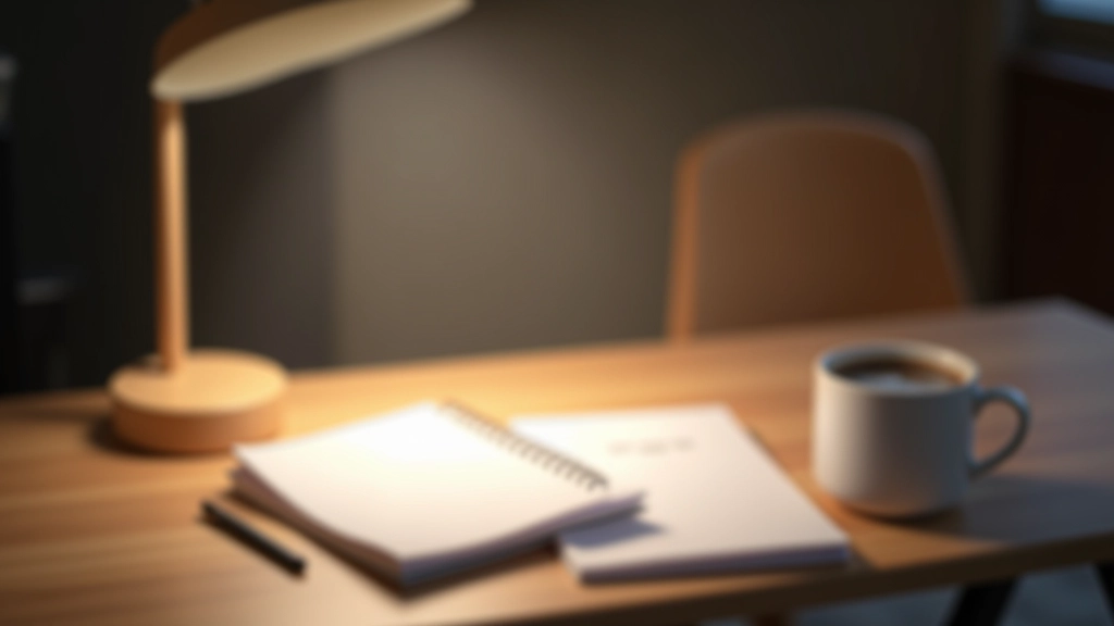Schreibtisch mit Notizbuch, Stift und Tasse Kaffee, mit Checklisten für Projektmanagement, warmes Bürolicht