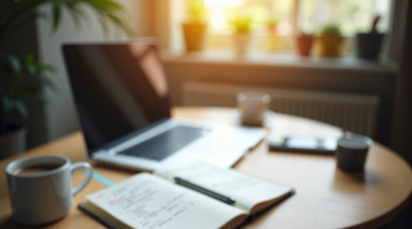Workspace mit Laptop, Notizbuch und Kaffeetasse, helles Tageslicht